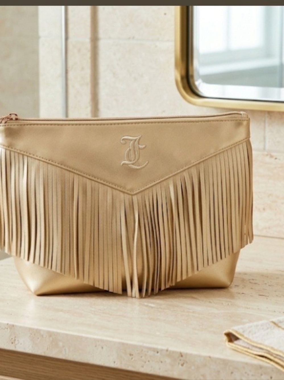 Juicy Couture Metallic Gold Fringe Cosmetic Bag
